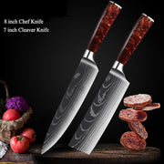 Damascus Kitchen Knife Set with Red Resin Handle and Laser Pattern