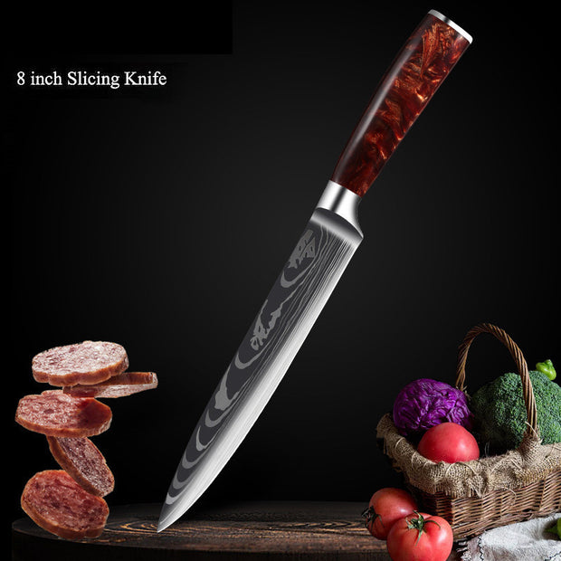 Damascus Kitchen Knife Set with Red Resin Handle and Laser Pattern