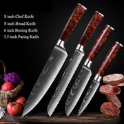 Damascus Kitchen Knife Set with Red Resin Handle and Laser Pattern