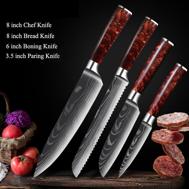 Damascus Kitchen Knife Set with Red Resin Handle and Laser Pattern