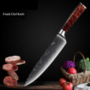 Damascus Kitchen Knife Set with Red Resin Handle and Laser Pattern