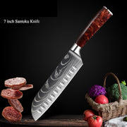 Damascus Kitchen Knife Set with Red Resin Handle and Laser Pattern