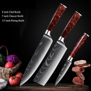 Damascus Kitchen Knife Set with Red Resin Handle and Laser Pattern