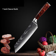 Damascus Kitchen Knife Set with Red Resin Handle and Laser Pattern