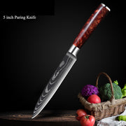 Damascus Kitchen Knife Set with Red Resin Handle and Laser Pattern