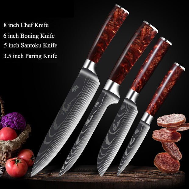 Damascus Kitchen Knife Set with Red Resin Handle and Laser Pattern