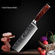 Damascus Kitchen Knife Set with Red Resin Handle and Laser Pattern