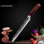 Damascus Kitchen Knife Set with Red Resin Handle and Laser Pattern