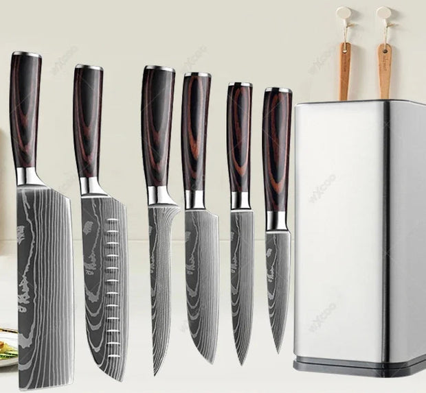 Damascus Kitchen Knife Set with Red Resin Handle and Laser Pattern