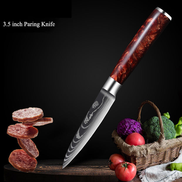 Damascus Kitchen Knife Set with Red Resin Handle and Laser Pattern