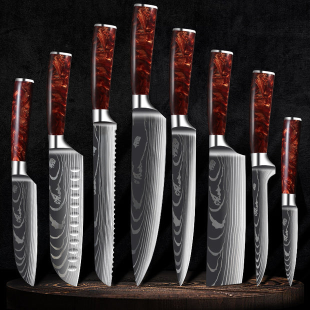 Damascus Kitchen Knife Set with Red Resin Handle and Laser Pattern