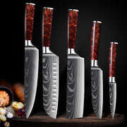 Damascus Kitchen Knife Set with Red Resin Handle and Laser Pattern