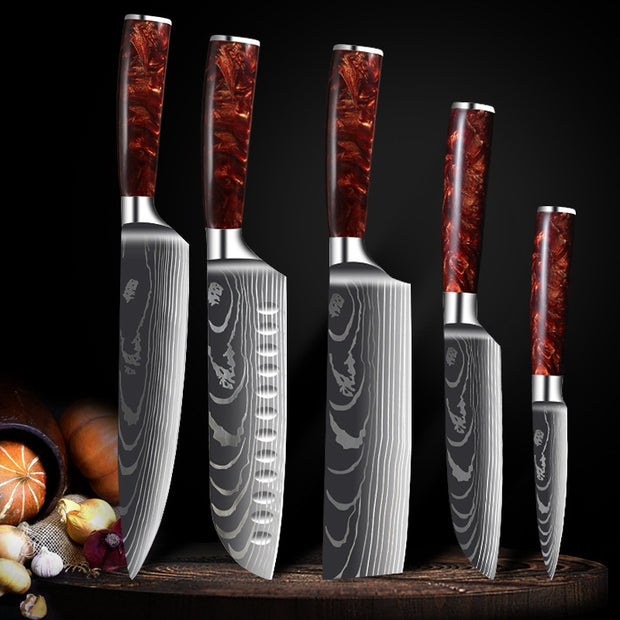 Damascus Kitchen Knife Set with Red Resin Handle and Laser Pattern