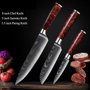 Damascus Kitchen Knife Set with Red Resin Handle and Laser Pattern