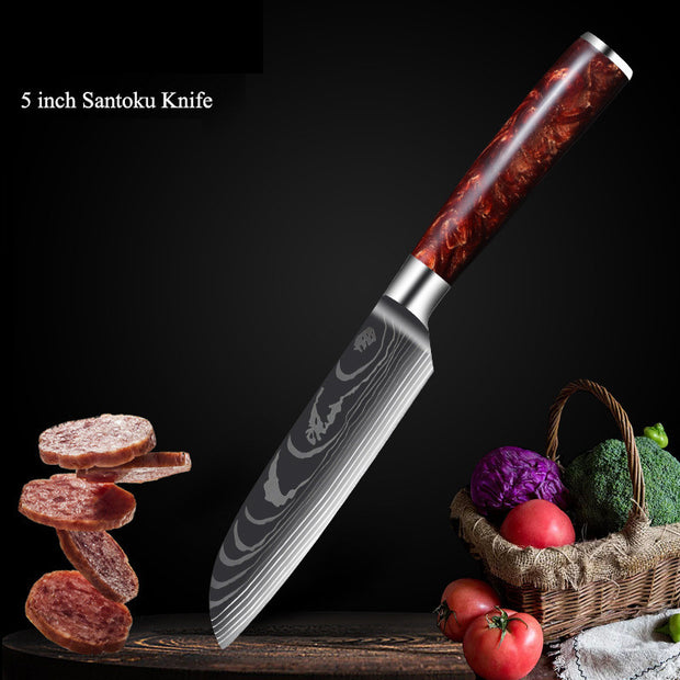 Damascus Kitchen Knife Set with Red Resin Handle and Laser Pattern