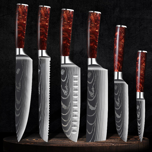 Damascus Kitchen Knife Set with Red Resin Handle and Laser Pattern