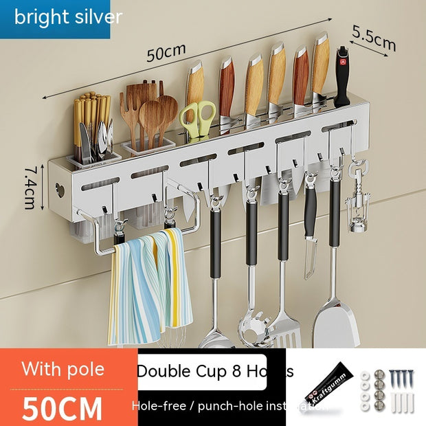 Wall-Mounted Kitchen Storage Rack with No Drilling Hooks