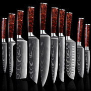 Damascus Kitchen Knife Set with Red Resin Handle and Laser Pattern